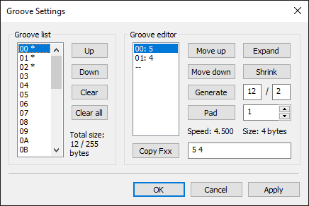 Screenshot of groove settings dialog