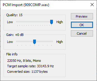 Screenshot of PCM import dialog